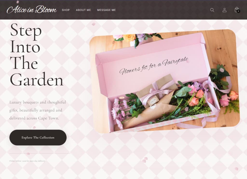 Alice in Bloom — Shopify store homepage preview